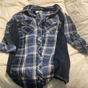 Blue on flannel with stretchy material on the side